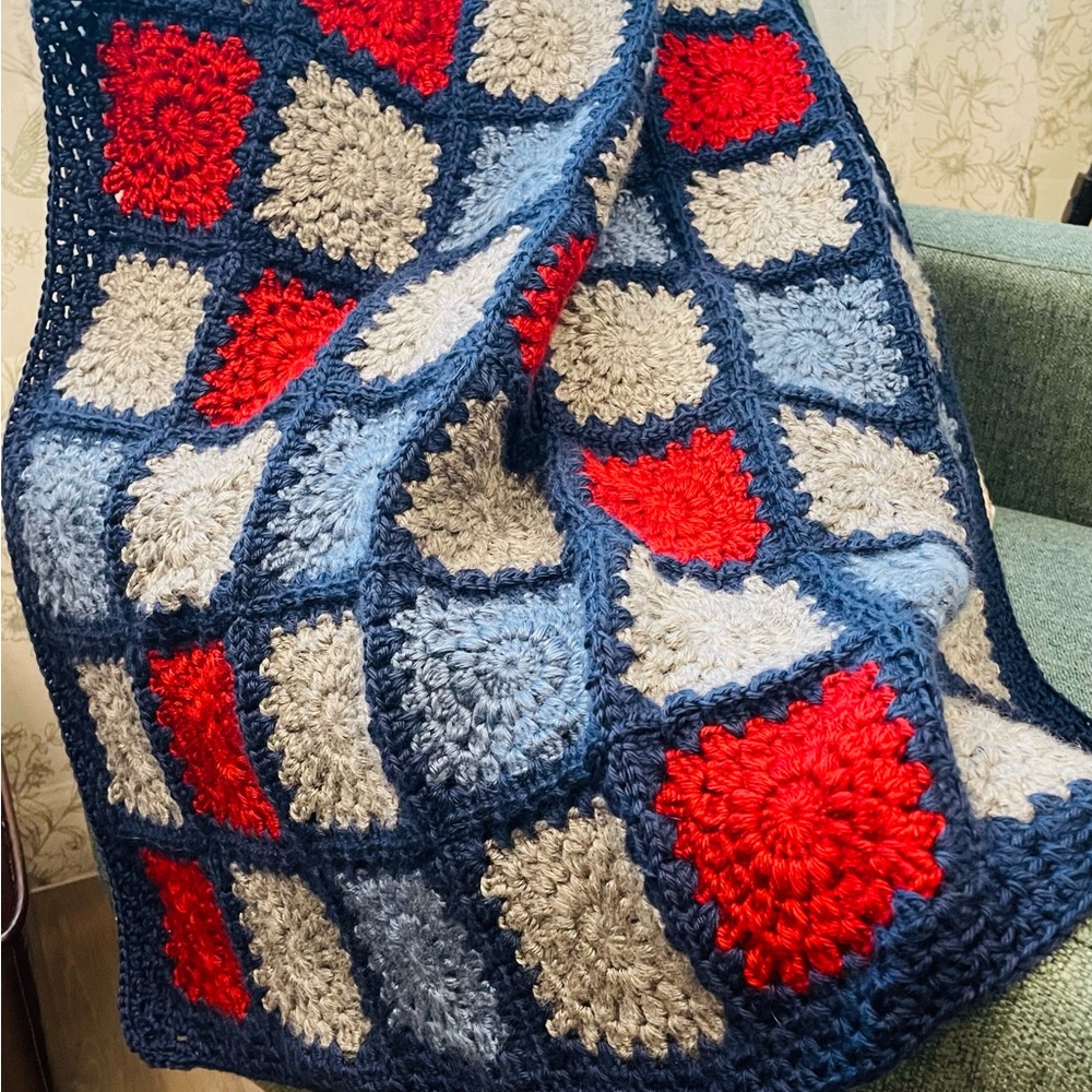 Handcrafted Granny Squares Crochet Blanket.
Red, Blue, Gray.
Smoke Free Home.